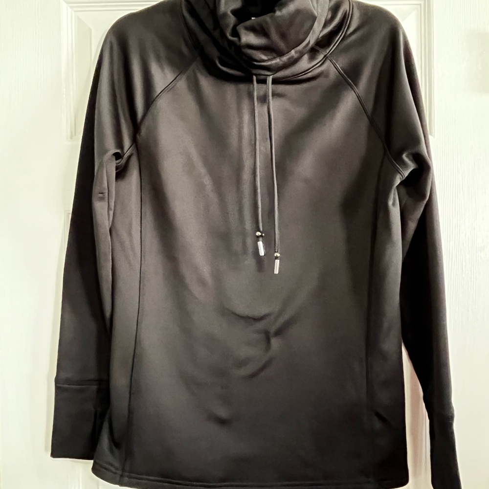 Athleta Women's Cinch Popover Sweatshirt Medium Cowl Neck Black  Gym